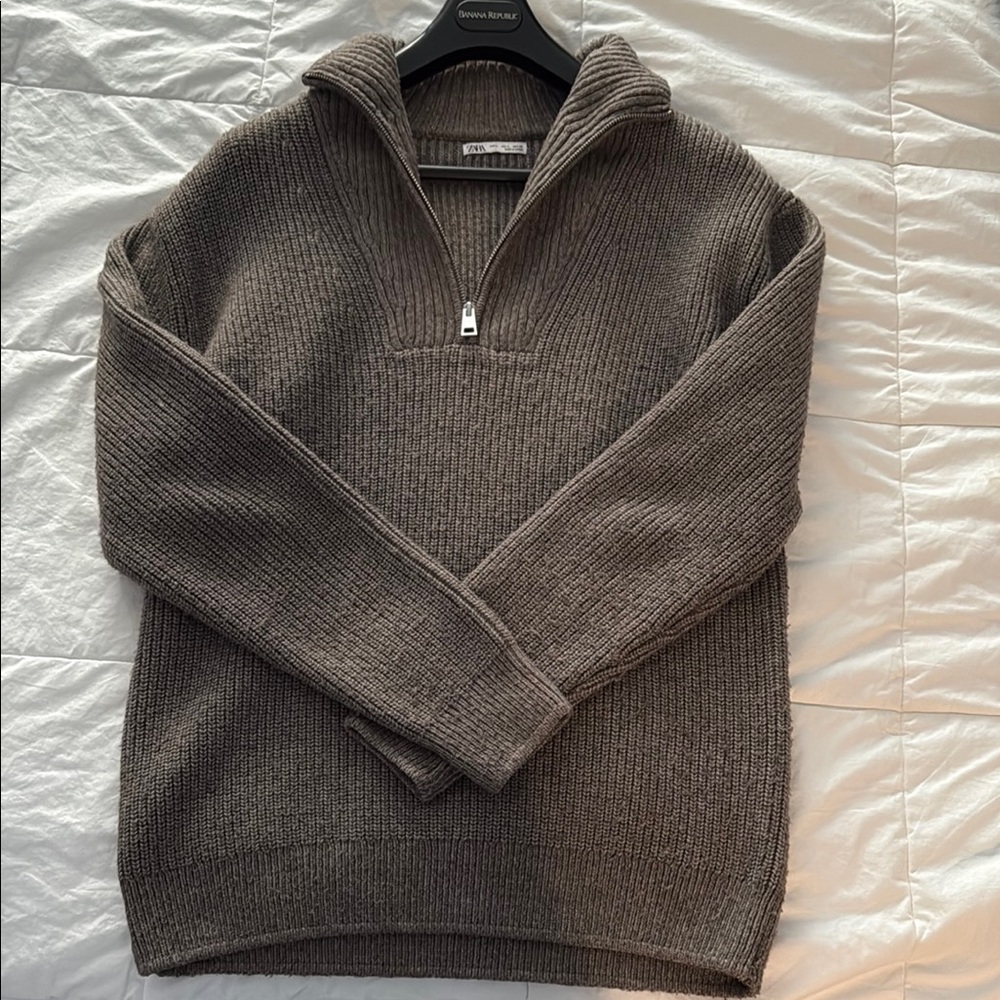 Brown Chunky Knit Zip Up Sweater